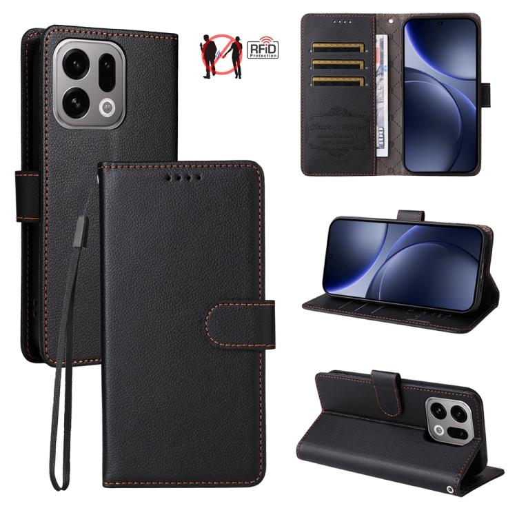 For OPPO Find X9 Litchi Texture RFID Blocking 3-Card Wallet Leather Phone Case(Black)