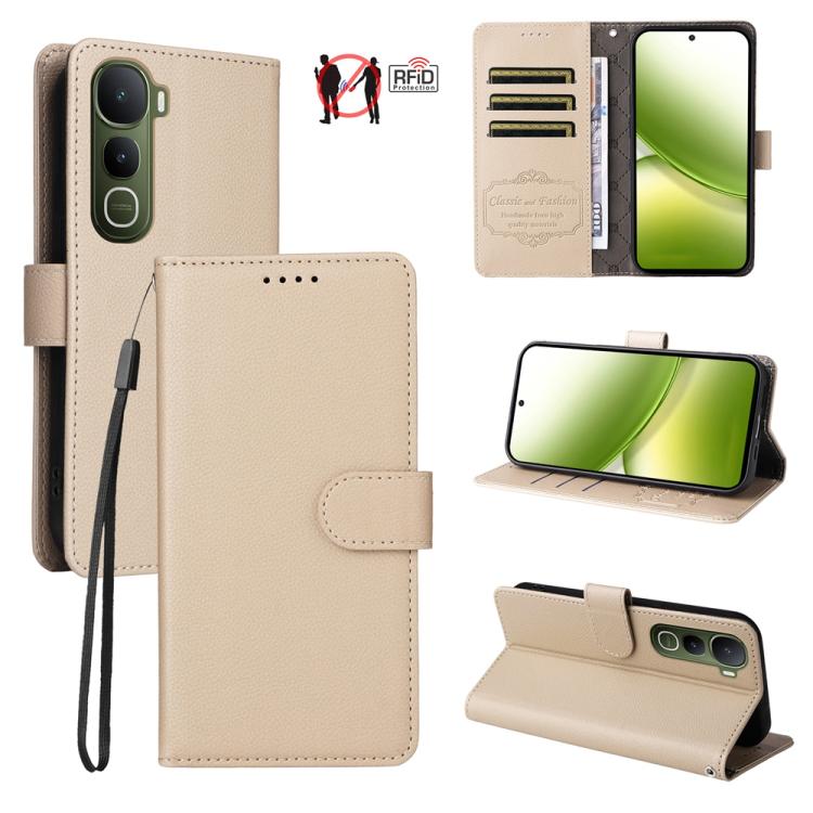 

For vivo Y400 4G / 5G Litchi Texture RFID Blocking 3-Card Wallet Leather Phone Case(Beige)