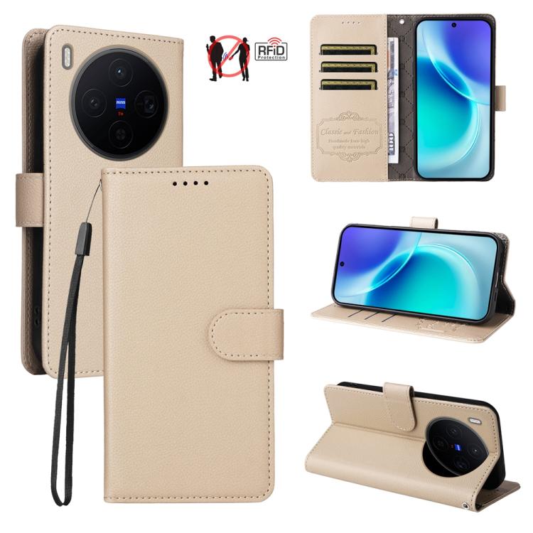 

For vivo X300 Litchi Texture RFID Blocking 3-Card Wallet Leather Phone Case(Beige)