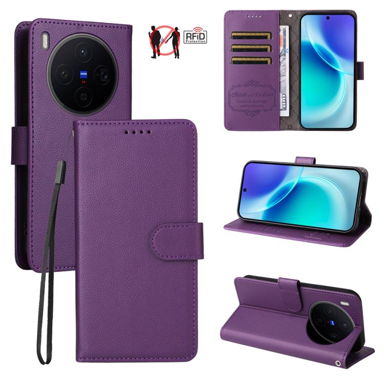 

For vivo X300 Litchi Texture RFID Blocking 3-Card Wallet Leather Phone Case(Purple)