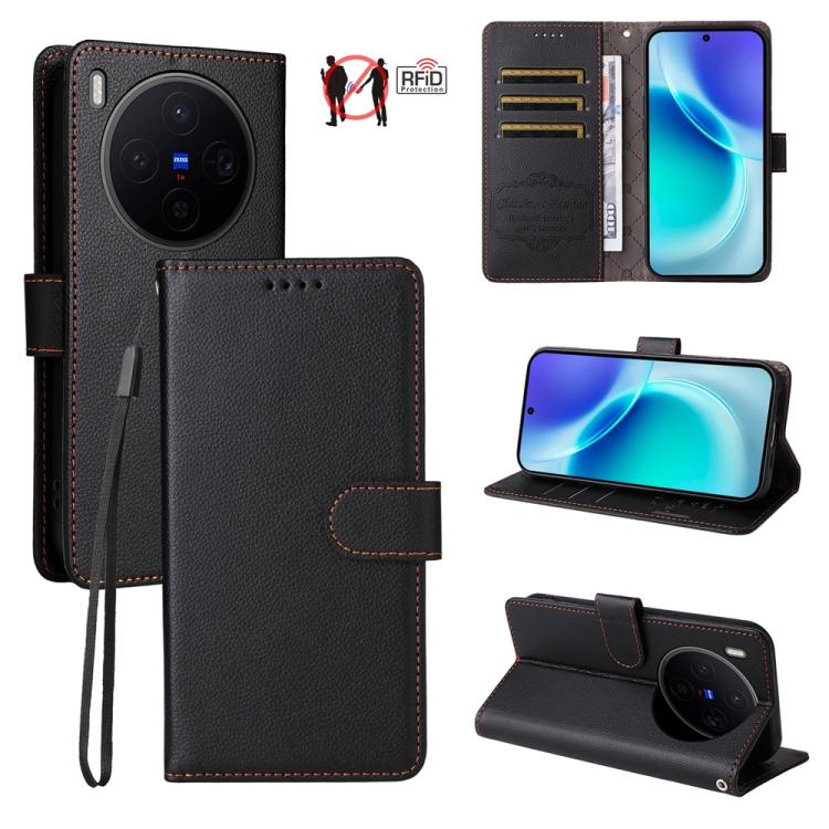 

For vivo X300 Litchi Texture RFID Blocking 3-Card Wallet Leather Phone Case(Black)