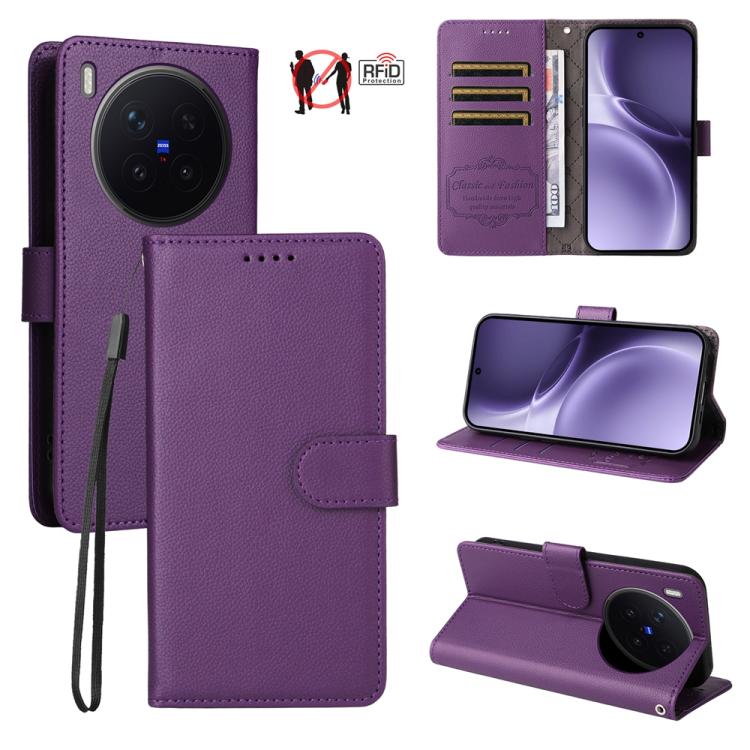 

For vivo X300 Pro Litchi Texture RFID Blocking 3-Card Wallet Leather Phone Case(Purple)