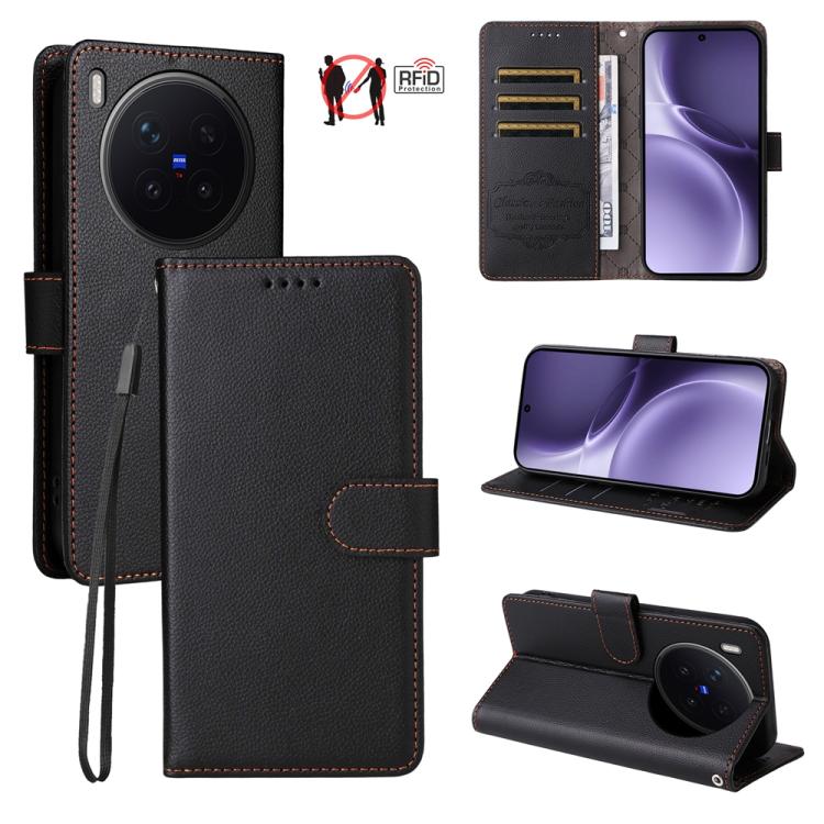 

For vivo X300 Pro Litchi Texture RFID Blocking 3-Card Wallet Leather Phone Case(Black)