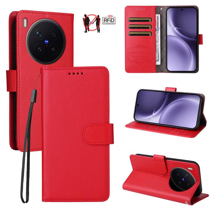 

For vivo X300 Pro Litchi Texture RFID Blocking 3-Card Wallet Leather Phone Case(Red)