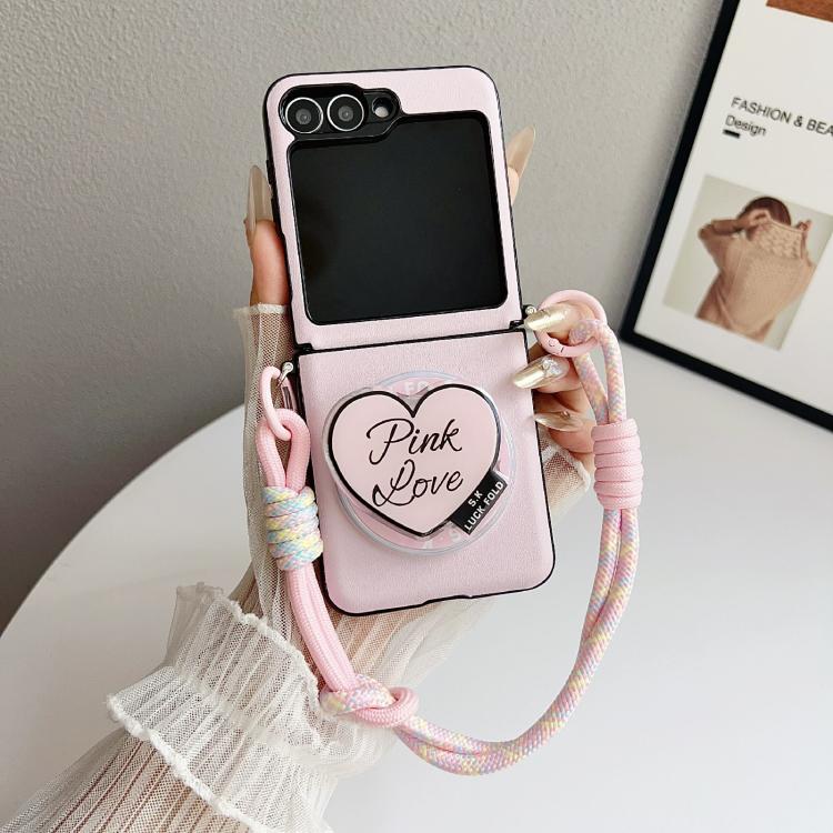 

For Samsung Galaxy Z Flip7 FE / Flip6 Side Buckle MagSafe Leather Texture Phone Case with Strap / Holder(Pink)