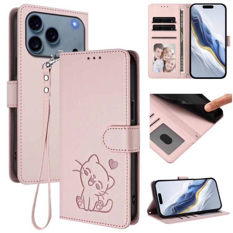 

For iPhone 17 Pro Max Embossed Heart Cat Leather Phone Case with Strap(Pink)