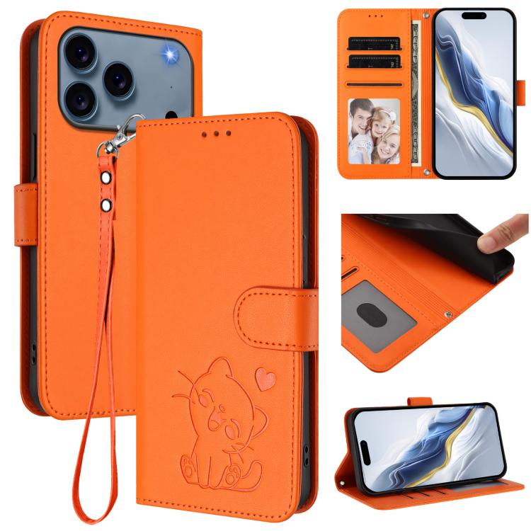 

For iPhone 17 Pro Max Embossed Heart Cat Leather Phone Case with Hand Strap(Orange)