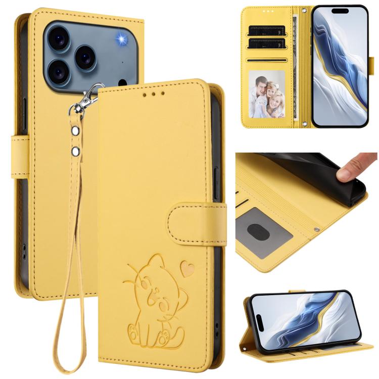 

For iPhone 17 Pro Embossed Heart Cat Leather Phone Case with Hand Strap(Yellow)