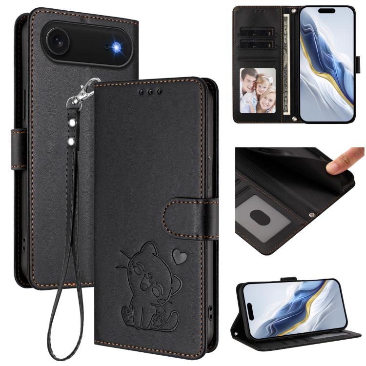 

For iPhone Air Embossed Heart Cat Leather Phone Case with Hand Strap(Black)