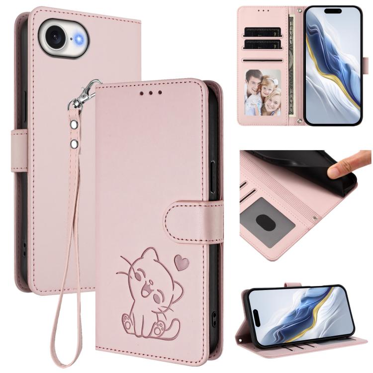 

For iPhone 16e Embossed Heart Cat Leather Phone Case with Hand Strap(Pink)