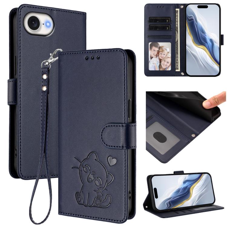 

For iPhone 17e / 16e Embossed Heart Cat Leather Phone Case with Hand Strap(Blue)