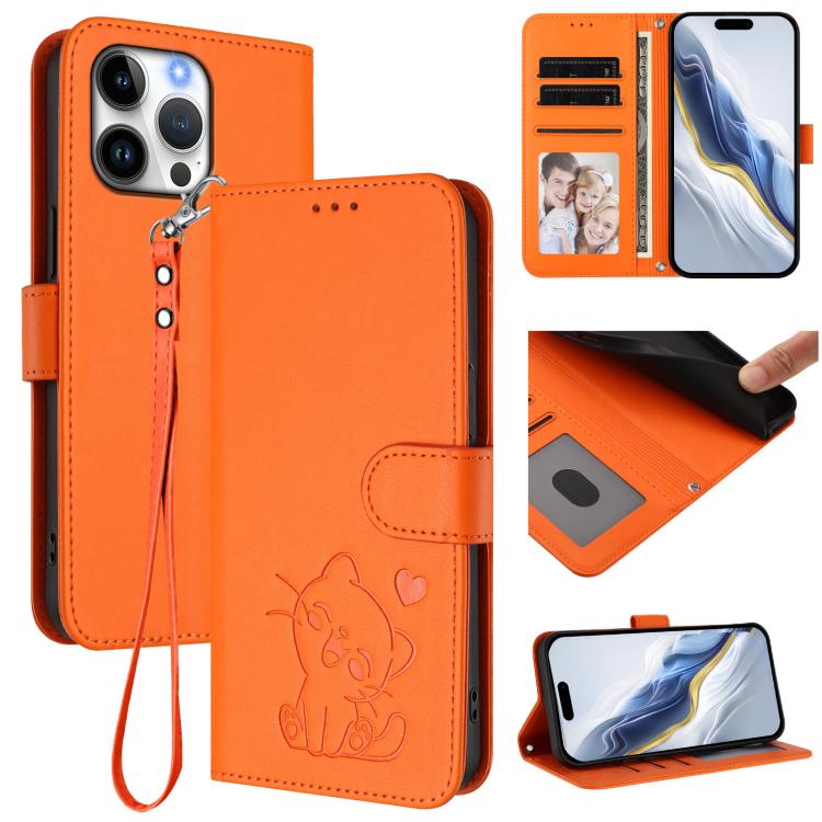 

For iPhone 16 Pro Embossed Heart Cat Leather Phone Case with Hand Strap(Orange)