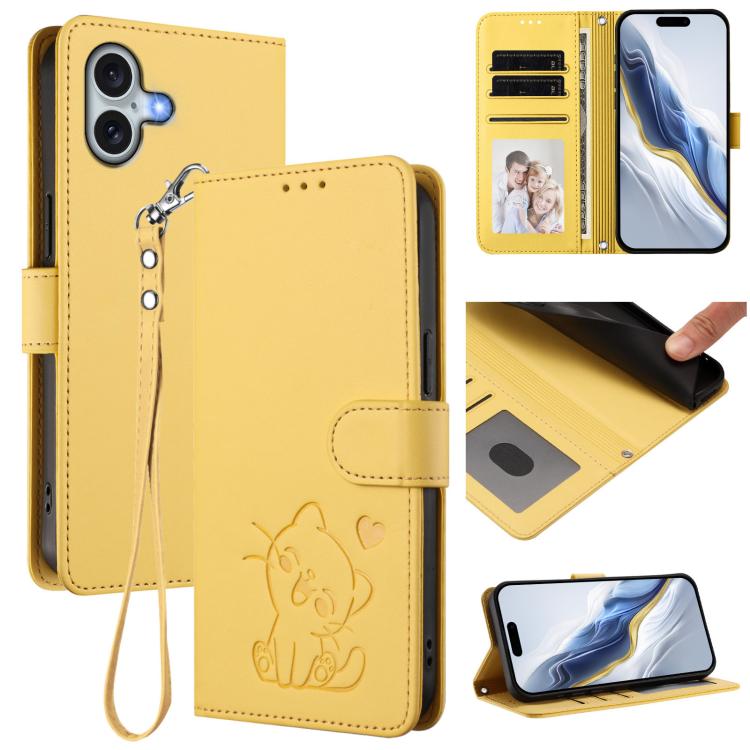 

For iPhone 16 Plus Embossed Heart Cat Leather Phone Case with Hand Strap(Yellow)