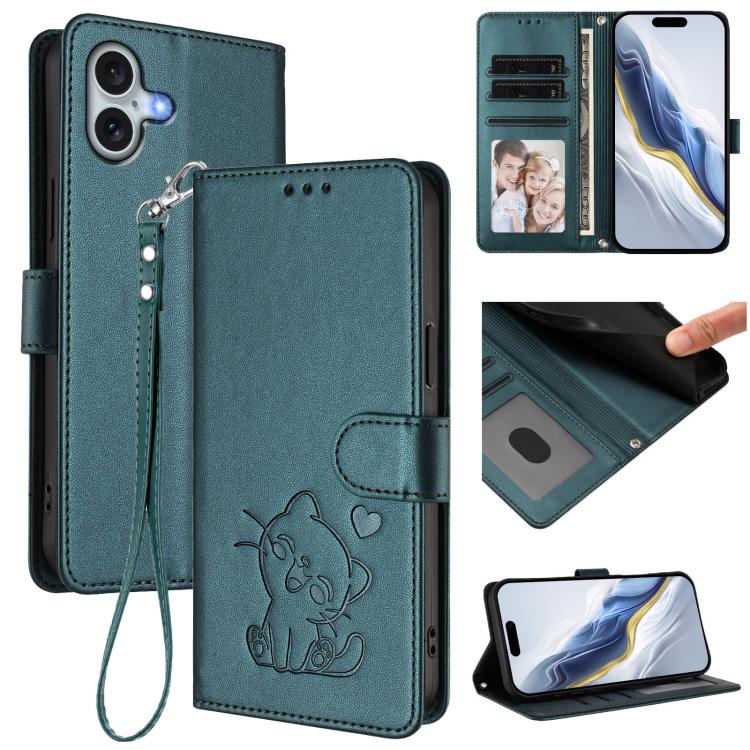 

For iPhone 16 Plus Embossed Heart Cat Leather Phone Case with Hand Strap(Dark Green)