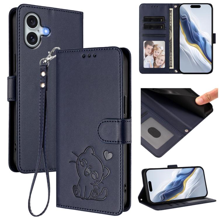 

For iPhone 16 Plus Embossed Heart Cat Leather Phone Case with Hand Strap(Blue)