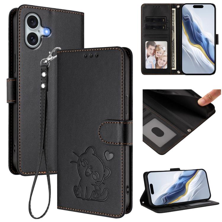 

For iPhone 16 Plus Embossed Heart Cat Leather Phone Case with Hand Strap(Black)