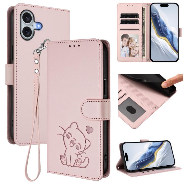 

For iPhone 16 Embossed Heart Cat Leather Phone Case with Hand Strap(Pink)