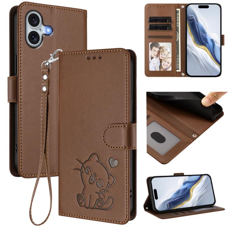 

For iPhone 16 Embossed Heart Cat Leather Phone Case with Hand Strap(Brown)