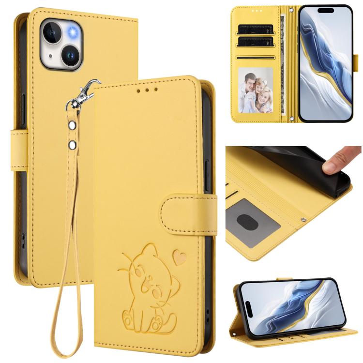 

For iPhone 15 Plus Embossed Heart Cat Leather Phone Case with Hand Strap(Yellow)
