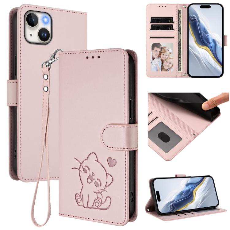

For iPhone 15 Embossed Heart Cat Leather Phone Case with Hand Strap(Pink)