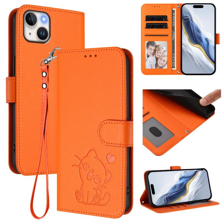 

For iPhone 14 Plus Embossed Heart Cat Leather Phone Case with Hand Strap(Orange)
