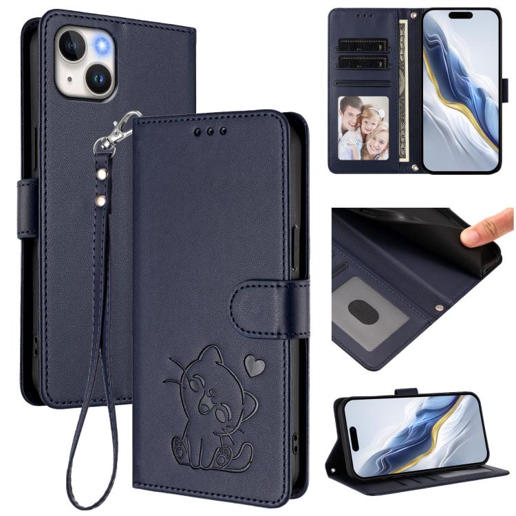 

For iPhone 14 Plus Embossed Heart Cat Leather Phone Case with Hand Strap(Blue)
