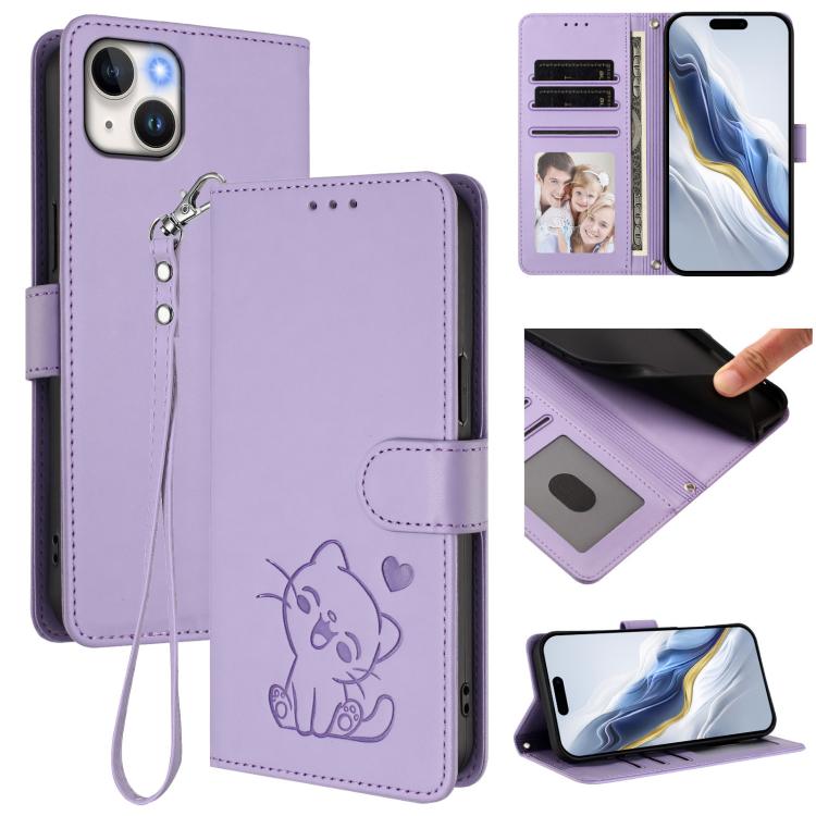 

For iPhone 14 / 13 Embossed Heart Cat Leather Phone Case with Hand Strap(Light Purple)