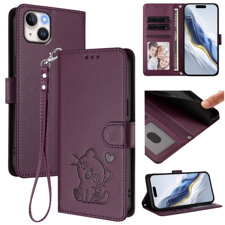 

For iPhone 14 / 13 Embossed Heart Cat Leather Phone Case with Hand Strap(Dark Purple)