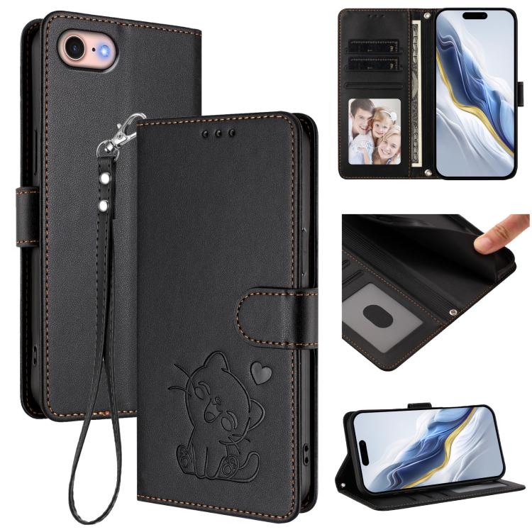

For iPhone 7 / 8 / SE 2022 Embossed Heart Cat Leather Phone Case with Hand Strap(Black)