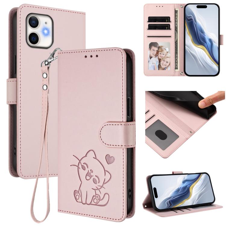 

For iPhone 12 / 12 Pro Embossed Heart Cat Leather Phone Case with Hand Strap(Pink)