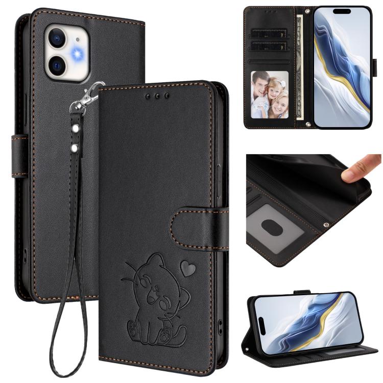 

For iPhone 12 / 12 Pro Embossed Heart Cat Leather Phone Case with Hand Strap(Black)