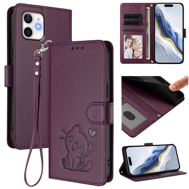 

For iPhone 12 mini Embossed Heart Cat Leather Phone Case with Hand Strap(Light Purple)