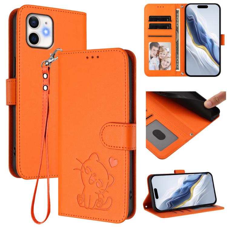 

For iPhone 11 Embossed Heart Cat Leather Phone Case with Hand Strap(Orange)