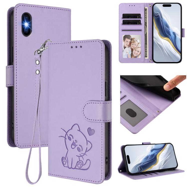 

For iPhone X / XS Embossed Heart Cat Leather Phone Case with Hand Strap(Light Purple)
