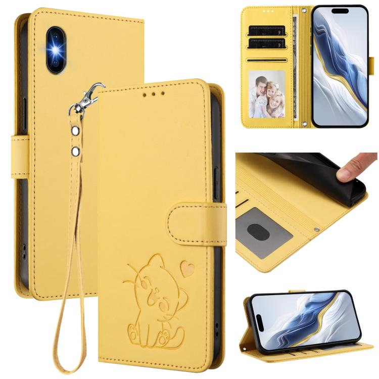 

For iPhone X / XS Embossed Heart Cat Leather Phone Case with Hand Strap(Yellow)
