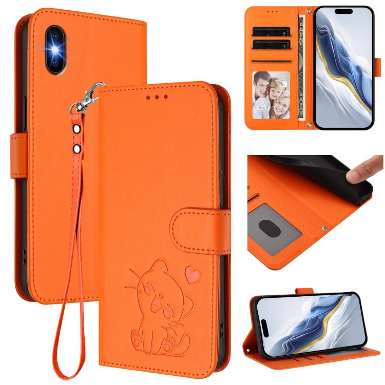 For iPhone XS Max Embossed Heart Cat Leather Phone Case with Hand