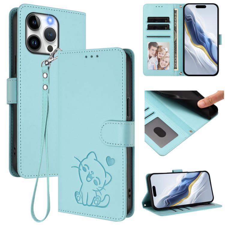 

For iPhone 14 Pro Max Embossed Heart Cat Leather Phone Case with Hand Strap(Mint Green)