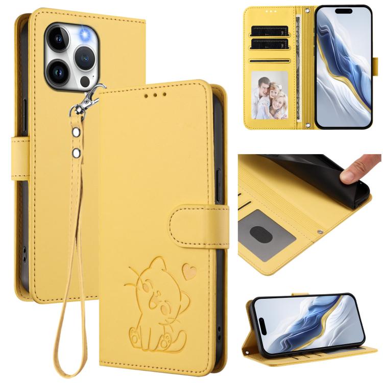 

For iPhone 14 Pro Max Embossed Heart Cat Leather Phone Case with Hand Strap(Yellow)