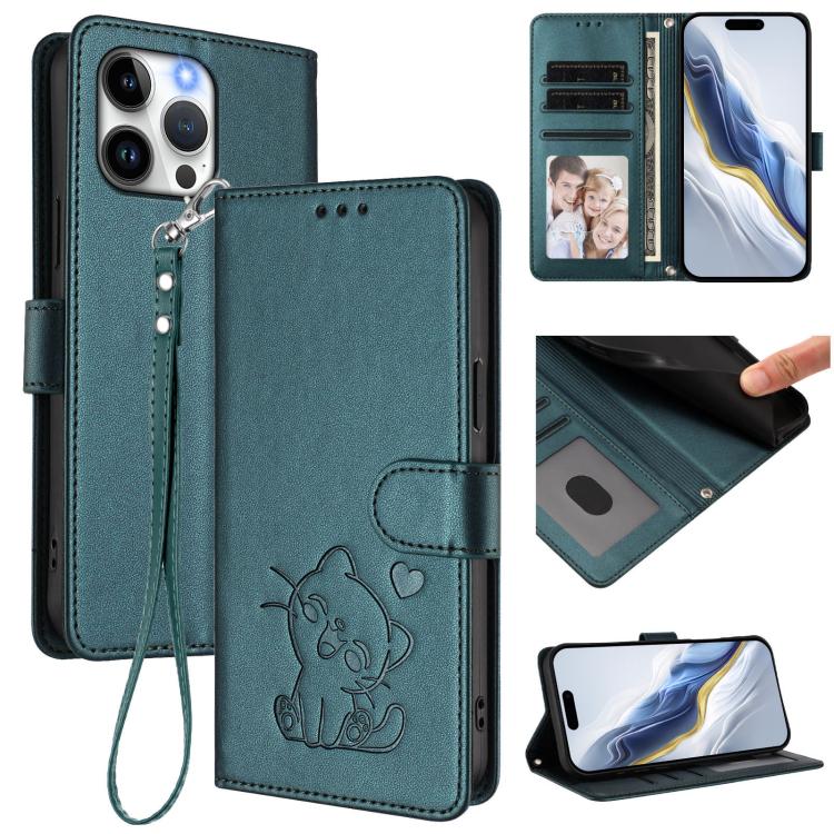 

For iPhone 14 Pro Max Embossed Heart Cat Leather Phone Case with Hand Strap(Dark Green)
