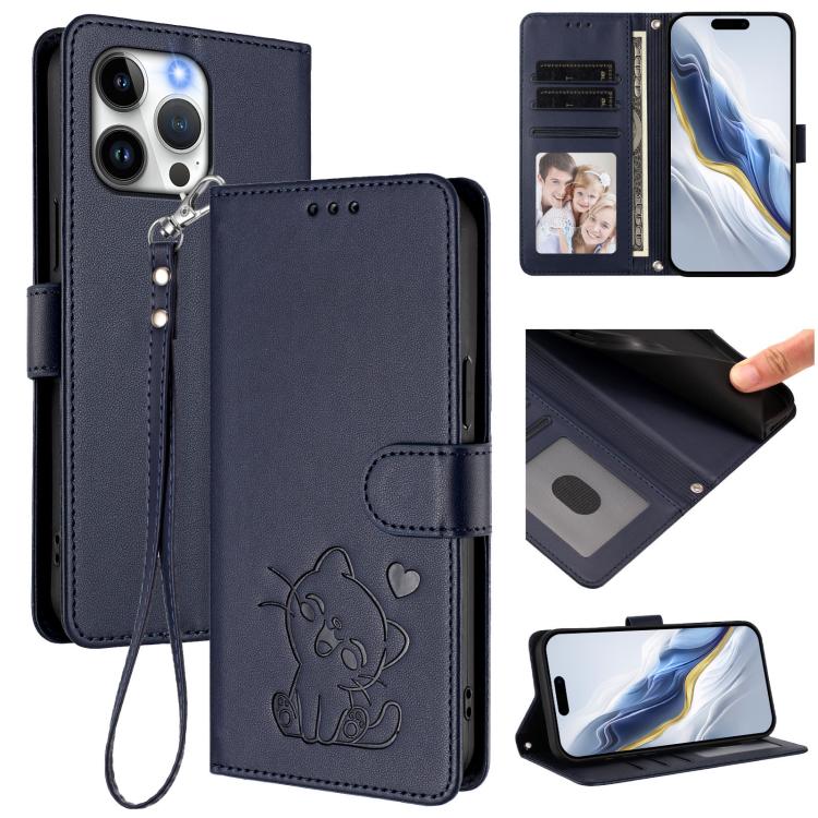 

For iPhone 13 Pro Embossed Heart Cat Leather Phone Case with Hand Strap(Blue)