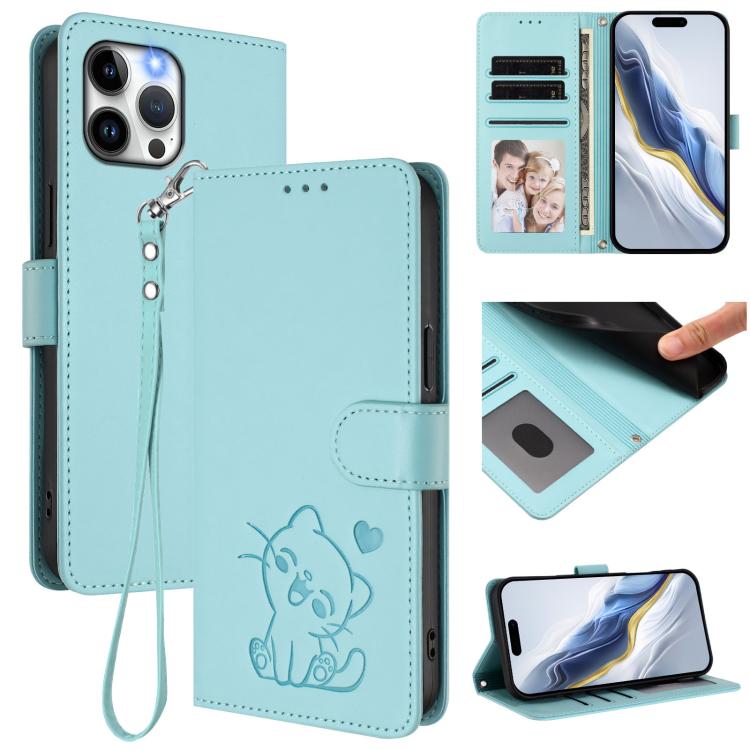 

For iPhone 12 Pro Max Embossed Heart Cat Leather Phone Case with Hand Strap(Mint Green)