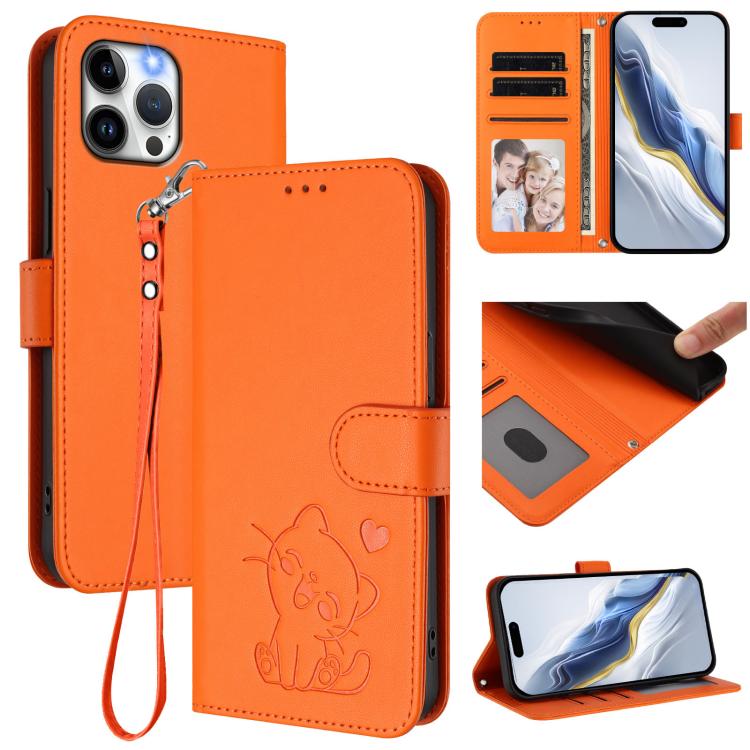 

For iPhone 12 Pro Max Embossed Heart Cat Leather Phone Case with Hand Strap(Orange)