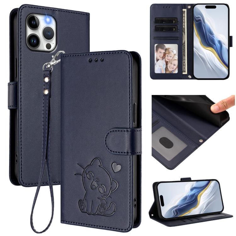 

For iPhone 12 Pro Max Embossed Heart Cat Leather Phone Case with Hand Strap(Blue)