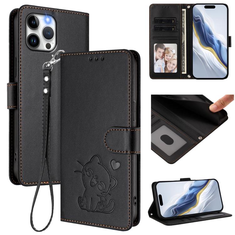 

For iPhone 12 Pro Max Embossed Heart Cat Leather Phone Case with Hand Strap(Black)