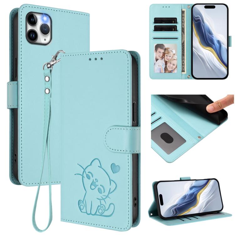 

For iPhone 11 Pro Max Embossed Heart Cat Leather Phone Case with Hand Strap(Mint Green)