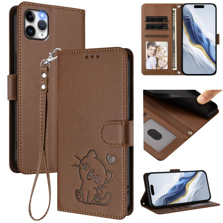 

For iPhone 11 Pro Max Embossed Heart Cat Leather Phone Case with Hand Strap(Brown)