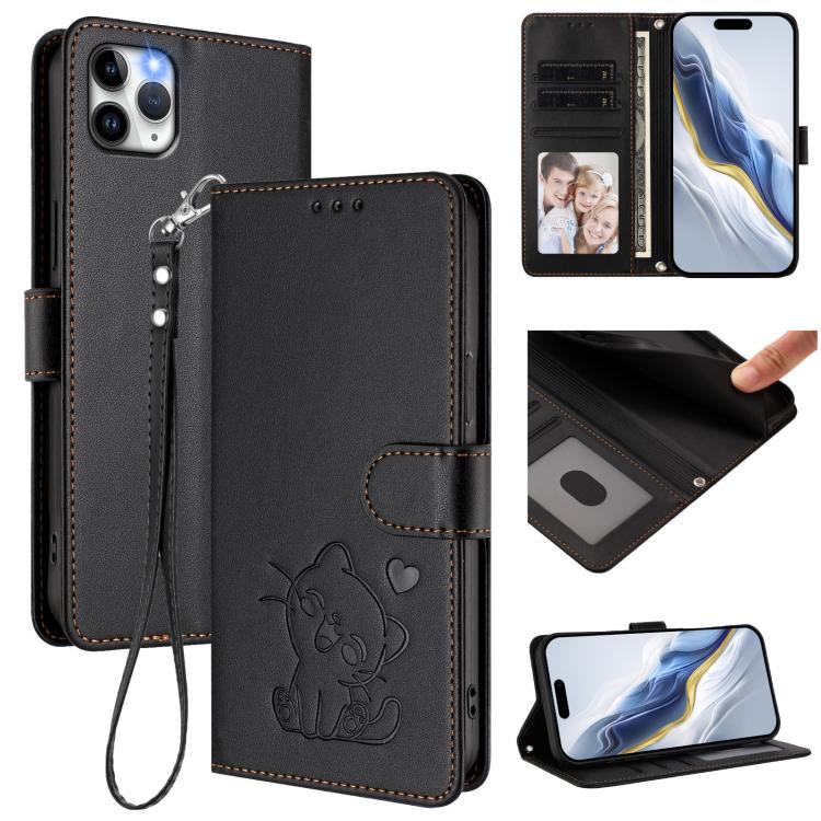 

For iPhone 11 Pro Max Embossed Heart Cat Leather Phone Case with Hand Strap(Black)