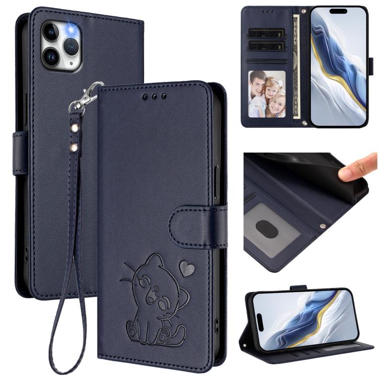 

For iPhone 11 Pro Embossed Heart Cat Leather Phone Case with Hand Strap(Blue)