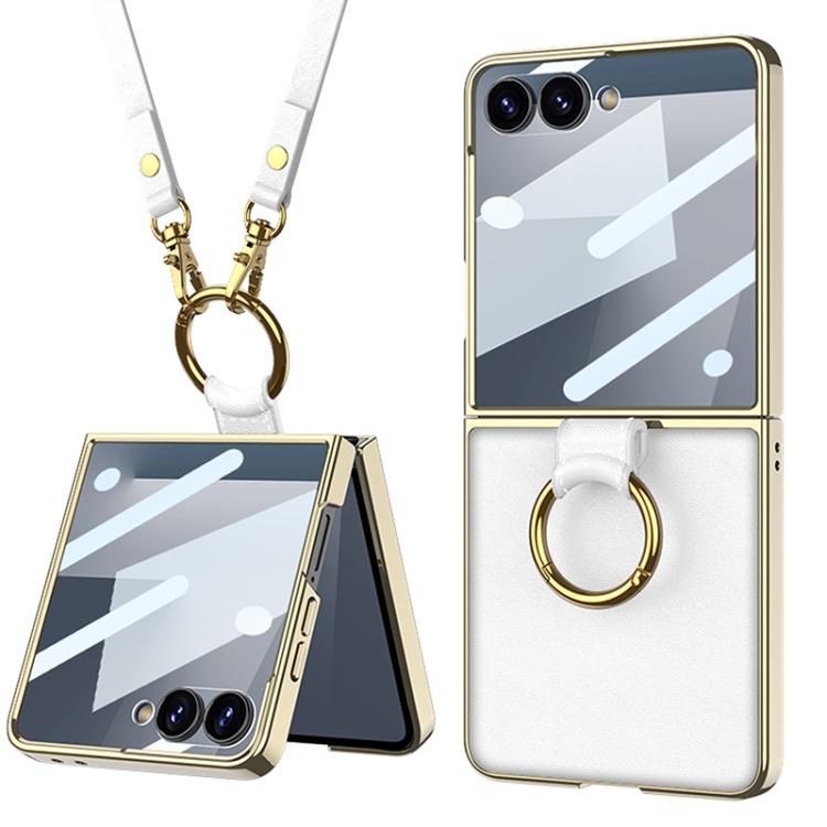 

For Samsung Galaxy Z Flip7 5G GKK Integrated Electroplating Ring Leather Phone Case with Strap(White)