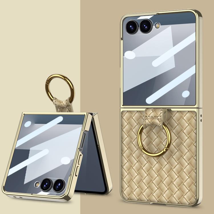 For Samsung Galaxy Z Flip7 5G GKK Integrated Plating Weave Texture Phone Case with Ring Holder(Champagne Gold)